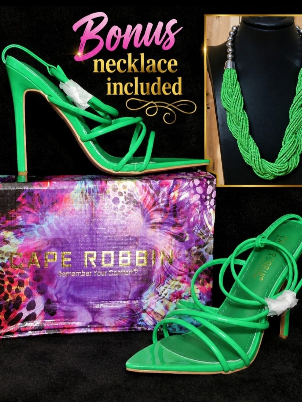 Cape Robbin Ada Womens Neon Green Strappy Ankle Stilettos Heels 7 M NIB Necklace